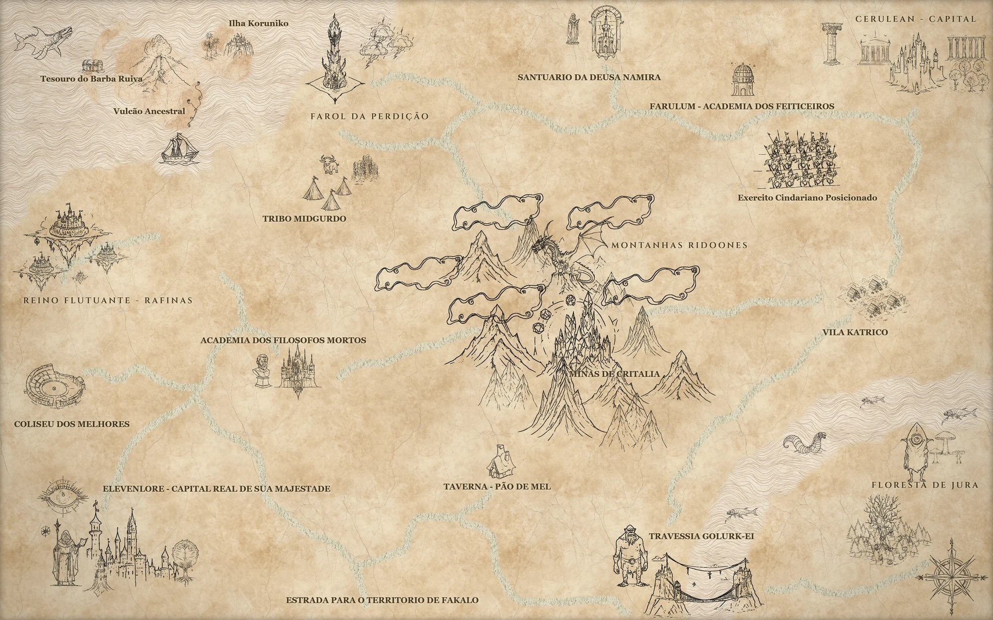 Mapa de fantasia criado no editor de mapas do AUTOR — terreno pintado, carimbos de montanhas, florestas e cidades, com pins ligados às fichas do Universo